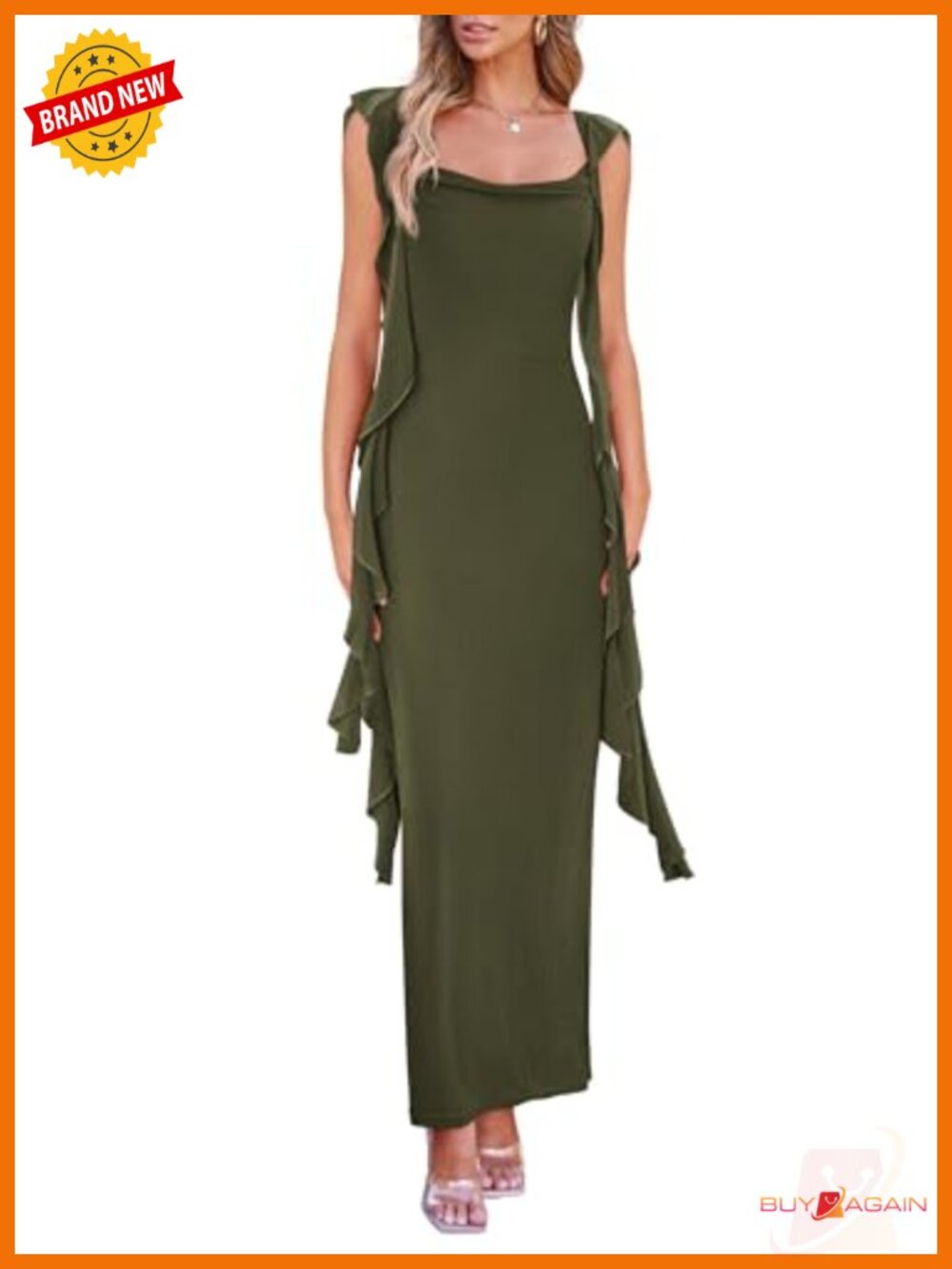 Women's Ruffle Bodycon Maxi Dress Sweetheart Neck Cap Sleeve Open Back Ruched